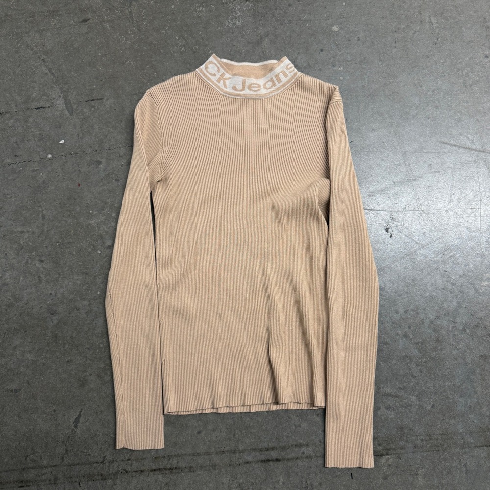 Calvin Klein‎ Jeans Womens Ribbed Mock Neck Logo Long Sleeve Top Tan Beige XS